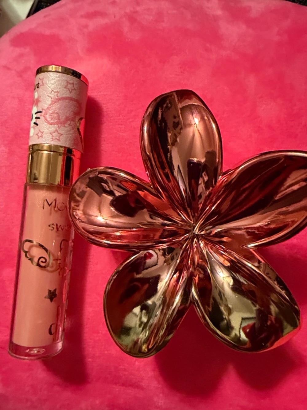 Sweet Pink Lip Gloss with metallic flower hair claw